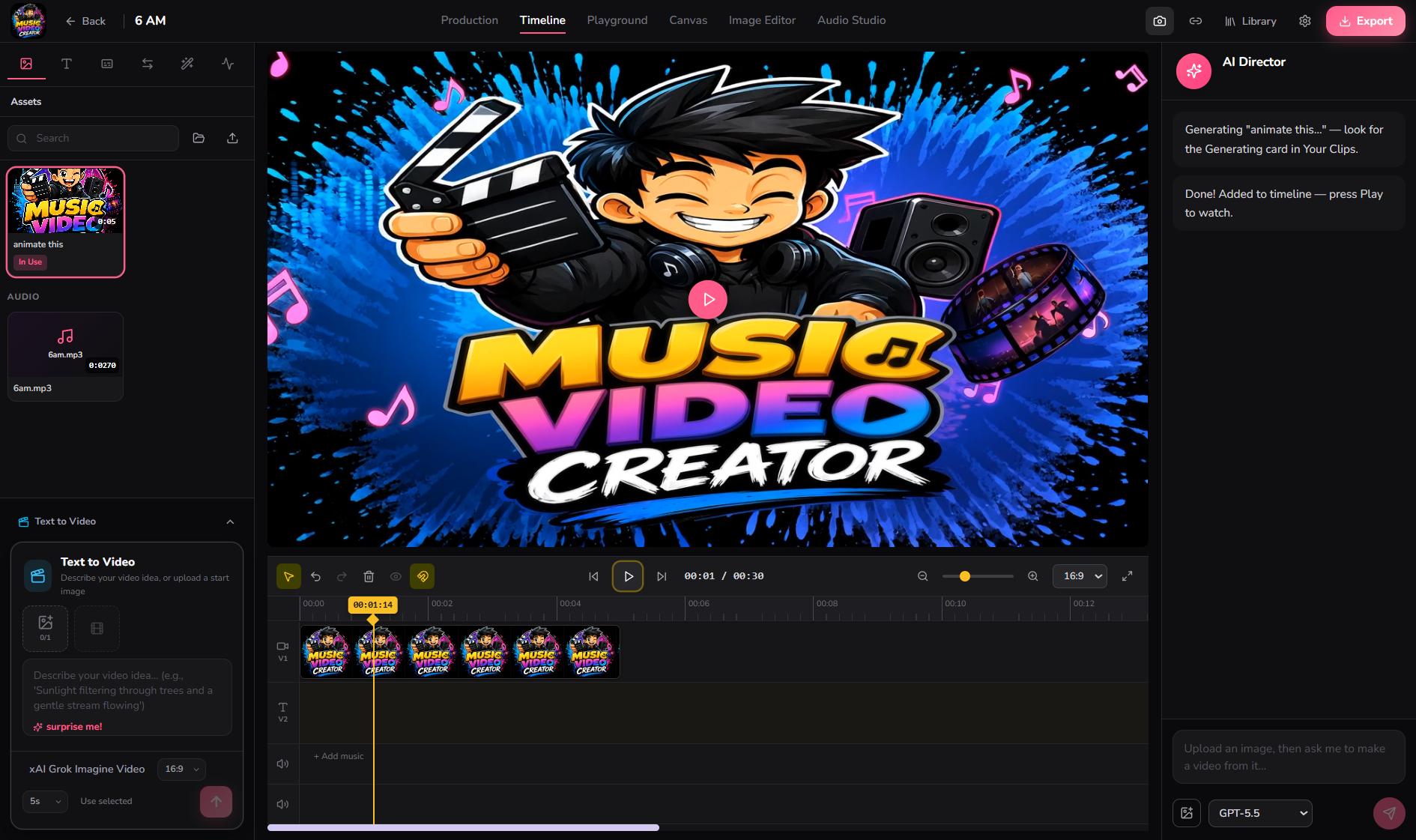 Music Video Creator app: chat with AI Director to build animated scenes on a timeline